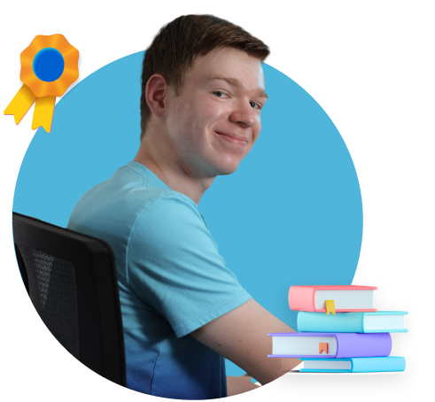 student photo with books and certification icon